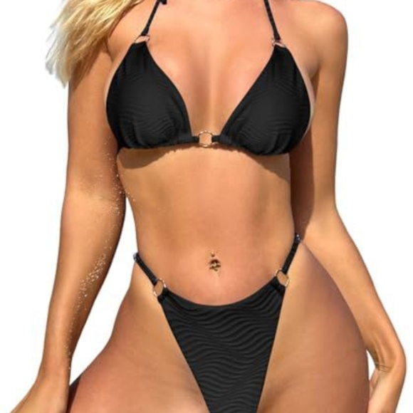 Chic Black Bikini with Triangle Top and High-Cut Bottom, New, Size L - Picture 2 of 3